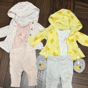 Carter's Newborn Sets. One Lemon Print Set with Slippers, and One Floral Set